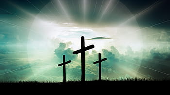 silhouette, three, cross, christ, faith, god, jesus, clouds, sun, light, hill
