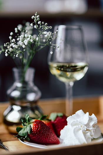 crema, vidrio, blanco, vino, madera, bandeja, fresas, vino blanco, dulce, postre, servicio a la habitación