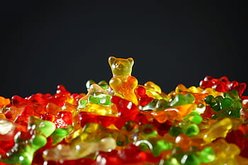 mělký, zaostřovací fotografie, medvěd, cukroví hodně, zlatý medvěd, gummi medvědi, žlutá, ovocné žvýkačky, sladkost, barvitý, barva