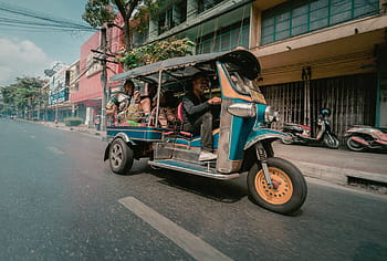 man, riding, auto rickshaw, thailand, tuktuk, road, vehicle, transportation, people, passengers, rickshaw