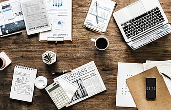 macbook, ceramic, mug, coffee, calculator, newspaper, paper, business, finance, document, office