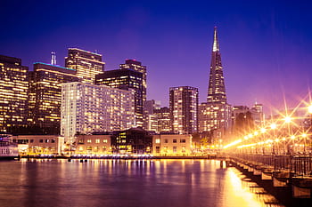san francisco pencakar langit cityscape, malam, Hebat, San Francisco, Pencakar langit, Cityscape, Dermaga, di Malam Hari, arsitektur, teluk, bangunan