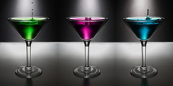 three, cocktail glasses, filled, assorted-color liquors, martini, drop, water, colo, drink, alcohol, glass