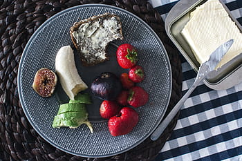 quick summer breakfast, breakfast, butter, strawberries, top view, fruit, food, dessert, blueberry, strawberry, berry Fruit