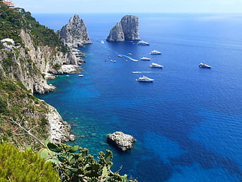 letecký, fotografování, 6 plachetnic, voda, během dne, capri, námořní, útesy