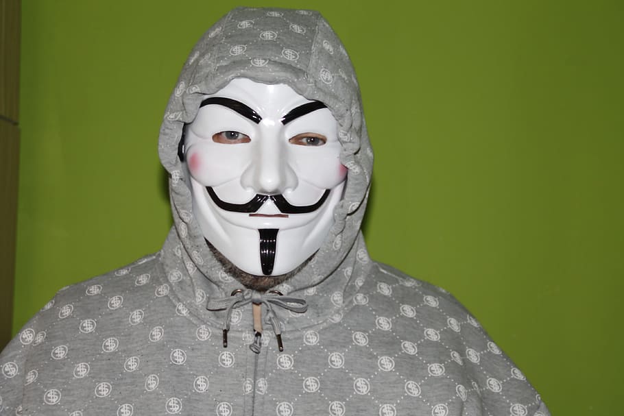 person, wearing, guy fawkes mask, mask, man, face, human, portrait, eyes, distinctive, vendetta