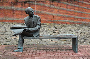 man, sitting, bench, holding, paper statue, newspaper, read, information, news, inform, break