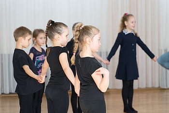 group, children, standing, inside, room, kids, gymnastics, sports dance, training, boy, schoolboy