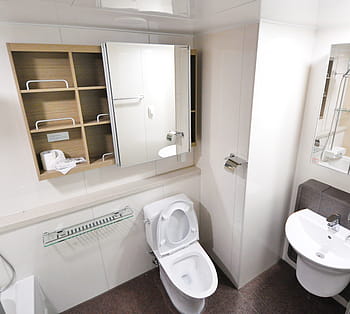 white, flush, toilet, cupboard, mirror, top, interior, design, home, domestic Bathroom, indoors