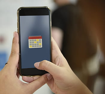 човек, държеше, iphone, показване, календар, телефон, докосване, екран, технология, хапче, празно
