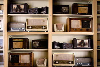 vintage, transistor radios, shelves, assorted, radio, beige, wooden, tiered, shelf, radios, oldschool