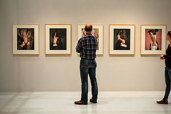 muž, stojící, přední, roztříděný, malby, výstava, vidět, návštěvníků, galerie, muzeum, umění