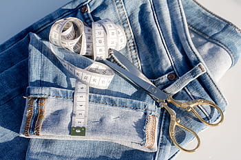 hnědý, Šedá, nůžky na oděvy, horní, modrý, džíny denim, měřicí páska, nůžky, džíny, svinovací metr, látkové nůžky