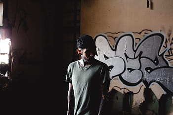 man, standing, brown, painted, wall, people, alone, fashion, shirt, tattoo, street art