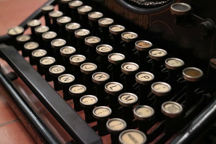 detailní, fotografie, Černá, bílý, psací stroj, vinobraní, psát na psacím stroji, retro, staromódní, starý, retro stylu