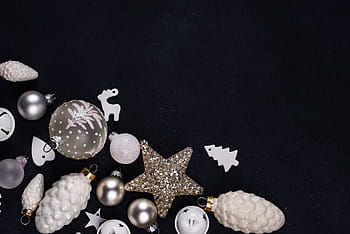 assorted-color christmas decors, assorted, christmas, ornaments, black, textile, ball, decoration, glitters, silver, star