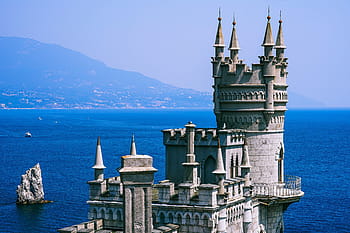 architectural, stone castle, body, water, gray, concrete, castle, mountain, sky, blue, sea