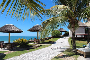 brown, wooden, cottages, body, water, vacation, resort, beach, tourist, holiday, leisure