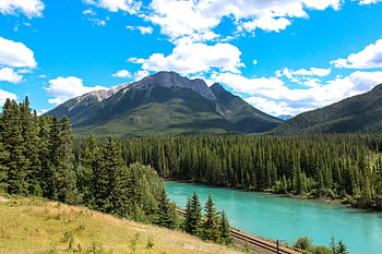 river, mountain, white, clouds, blue, skies, daytime, bow river, banff, alberta, canada