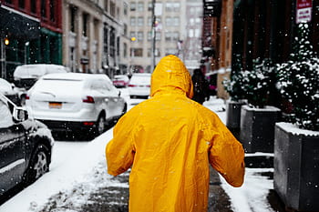 people, man, orange, snow, winter, cold, weather, urban, city, car, vehicle