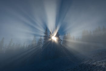 slunce, nebe, svítání, nálada, hory, mlha, atmosféra, sluneční paprsek, atmosférický