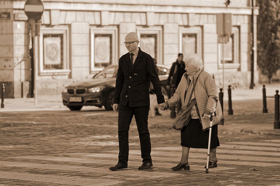 people, man, woman, old, together, by hand, crossing, street, pass, the pedestrian, rod