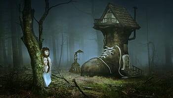 2、 女の子、 ブートハウス、 森の壁紙、 おとぎ話、 ファンタジー、 森、 子供、 魔女、 家、 神秘的