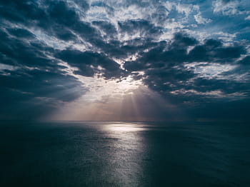 sun rays, body, water, sea, ocean, waves, nature, cloudy, sky, clouds, horizon
