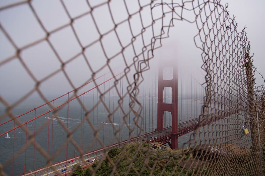 chainlink, fence, golden gate bridge, san francisco, architecture, grey, cloudy, foggy