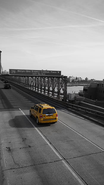 taxi, bridge, road, black and white, city, sky, car, hudson, new york, united states, transportation