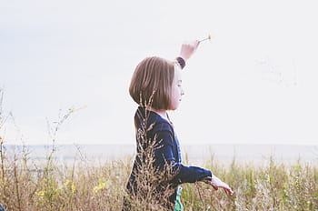 girl, grass field, blue, cardigan, green, grass, field, daytime, people, kid, child