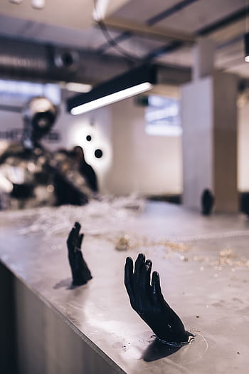 arte, exposición, instalación, expo, virutas, duro, escultura, figuras, metal, mesa, completo