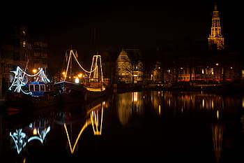city buildings, body, water, nighttime, village, night, lights, Groningen, Netherlands, boats, canal