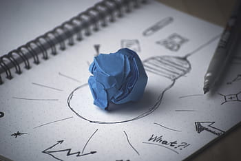 blue crumpled paper, creativity, idea, inspiration, innovation, pencil, paper, plan, business, creative, design