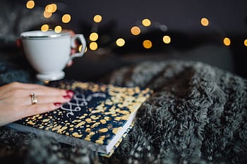 mulher, casa, livro, leitura, interior, feminino, aconchegante, luzes de fadas, Jovem, Hygge, bebendo