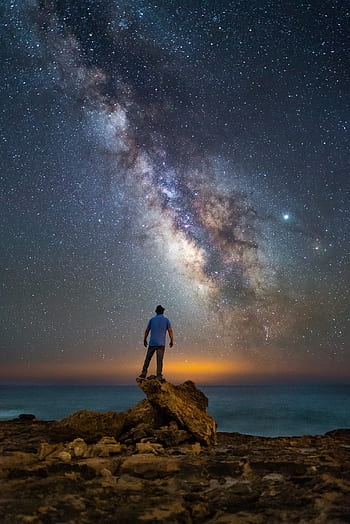 mléčná dráha, krajina, člověk, muž, hvězda, Hvězdná obloha, noc, nebe, kosmos, galaxie, scénický