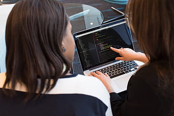 developer, discuss, coding, coder, programmers, woman, point, hands, fingers, type, office