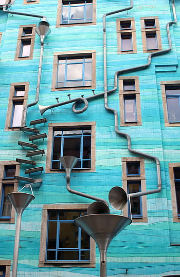 struttura in cemento verde acqua, blu, dipinto, costruzione, facciata, grondaia, sistema di acque reflue, architettura, arte, gioco di pioggia, Dresda