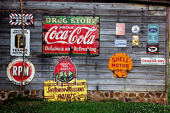 assorted-brand logos, signs, road signs, usa, america, united states, north america, rusted, vintage, old, rarity