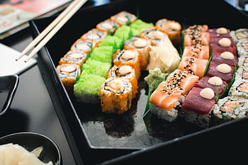 sushi, Černá, box, barvitý, Černá skříňka, zblízka, Ryba, japonský, Malta, rýže, jídlo