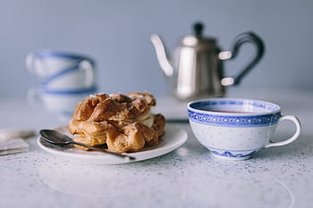クリーム、 パフ、 コーヒー、 ティー、 クリームパフ、 お茶、 カップ、 ケーキ、 甘い、 クッキー、 朝食