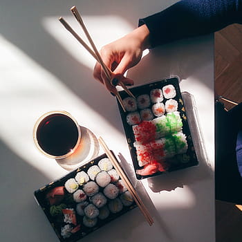sushi takeaway, office, Sushi, takeaway, chopsticks, eating, hands, rice, top view, food, human Hand