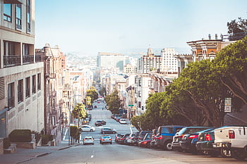 calle san francisco, maravilloso, vista, abajo, california, autos, ciudad, casas, intersección, estacionamiento, carreteras