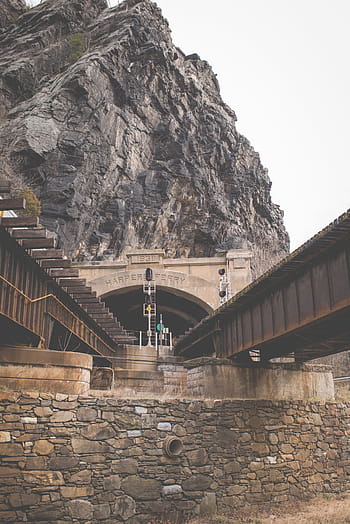 harpers ferry bridge, rocks, stone, infrastructure, bridge, trail, rail, station, traffic light, train, structure