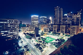downtown, city, lights, night, evening, buildings, towers, architecture, streets, roads, urban