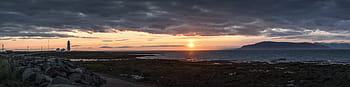 panoramatický, fotografie, vysoký, budovy, panoráma, západ slunce, Island, nebe, moře, mraky, maják