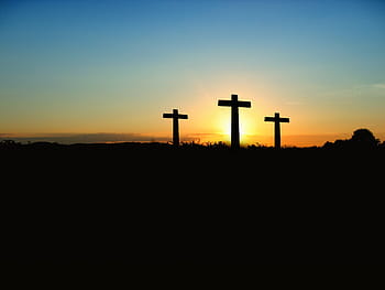 tři, kříže, horizont, přejít, západ slunce, svítání, kopec, nebe, slunce, ukřižování, vzkříšení