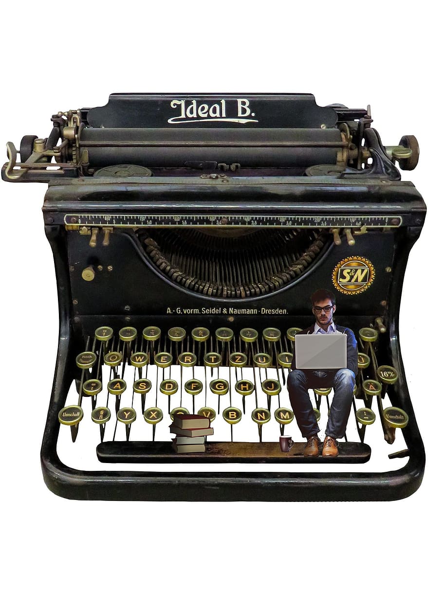 muž, sedící, psací stroj plakát, psací stroj, spisovatel, retro, vinobraní, starý, typ, papír, autor