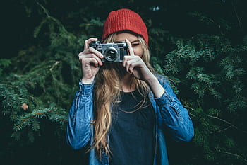 dívka, žena, fotograf, fotografování, Fotoaparát, móda, čepice, blondýnka, dlouhé vlasy, lidé, životní styl