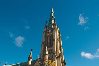 fotografování s nízkým úhlem, katedrála, uklidnit, modrý, nebe, Pohled, hodiny, věž, mezník, architektura, budova